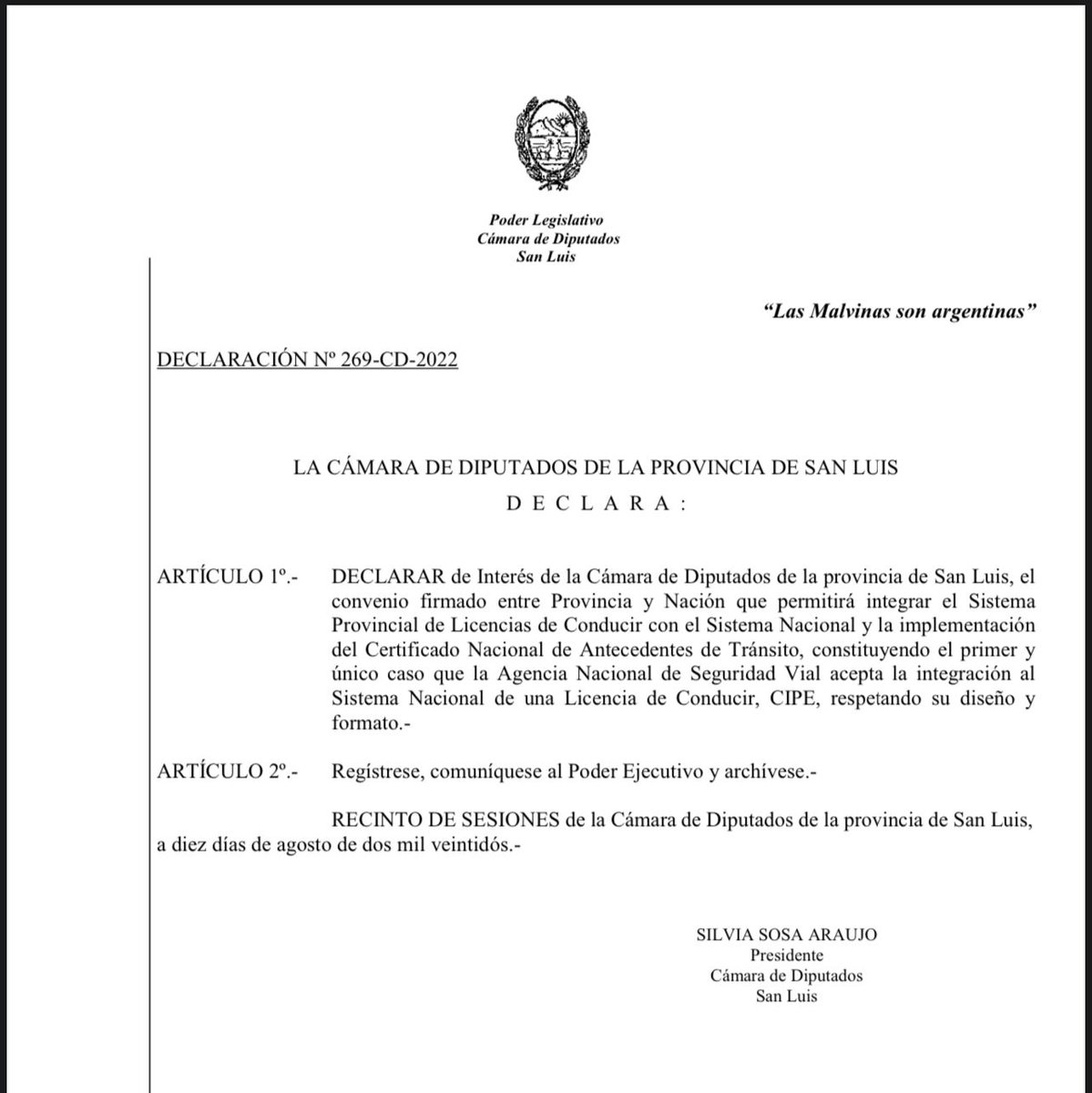 MCyTSanLuis's tweet photo. La Cámara de Diputados declaró de Interés el convenio firmado entre Provincia y Nación que permitirá integrar el Sistema 
Provincial de Licencias de Conducir con el Sistema Nacional y la implementación del Certificado Nacional de Antecedentes de Tránsito.
@minsegsl @CIPESanLuis https://t.co/uq0GwLdtSF