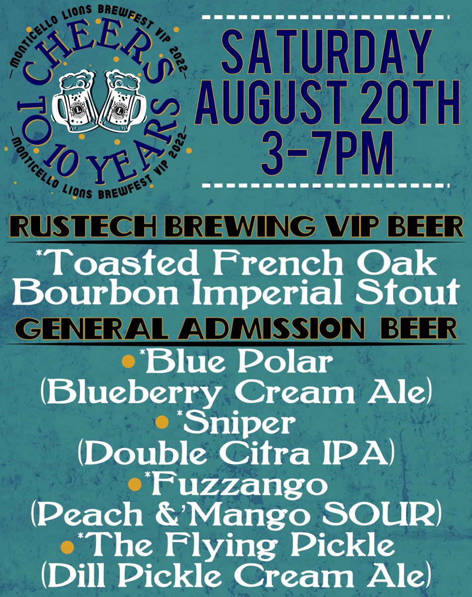 RustechBrewing's tweet photo. Who’s ready for Monticello Lions Brewfest? 
Our Beers are ready, Are you??
⭐️Vote Rustech, for Best Beer at the Fest‼️

#rustechbrewing #monticellolionsbrewfest #rustech #vipbeer #creamale #IPA #sourbeer https://t.co/JTC9PPl9lz