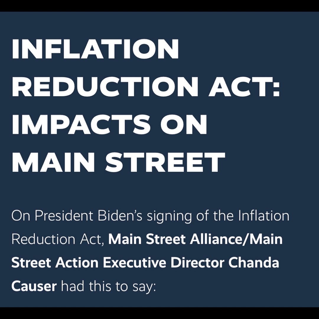 mainstreetweets's tweet photo. Today, President Biden signed The Inflation Reduction Act and our Executive Director, Chanda Causer had this to say about its impacts on Main Street business owners. Read the full statement here:  https://t.co/20fR3M67Qe #smallbizneedsnow #inflationreductionact https://t.co/ByDfLq6jkL