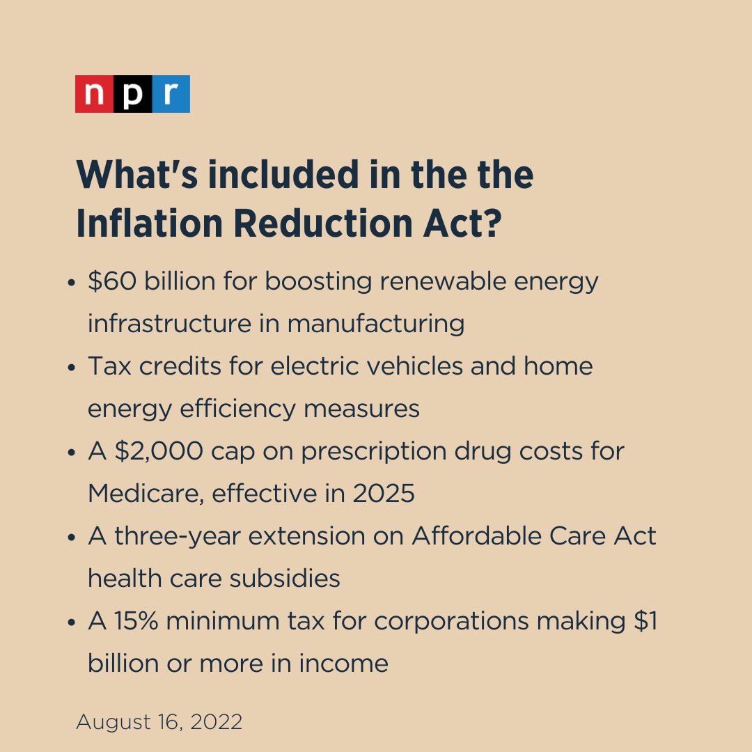 NPR's tweet photo. The bill known as the Inflation Reduction Act, signed into law on Tuesday, allocates more than $300 billion to be invested in energy and climate reform. https://t.co/059flr4M1S https://t.co/Ia7wgYxWiC