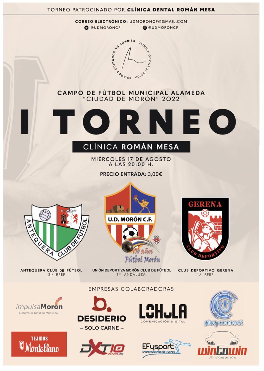 🏆“𝗜 𝗧𝗢𝗥𝗡𝗘𝗢 𝗥𝗢𝗠𝗔́𝗡 𝗠𝗘𝗦𝗔”

🎫Os recordamos que mañana podrán retirar los abonos para la nueva temporada

⚽️ <a href="/AntequeraCF/">Antequera C. F.</a> - <a href="/CD_Gerena/">C.D. Gerena</a> - <a href="/UDMoronCF/">UD Morón CF</a>

🗓MAÑANA
⌚️20:00 horas
🏟Municipal Alameda (Morón)

💯#100AñosDeFútbolEnMorón
🙌🏽🇹🇭⚽️ #QueremosMás
❤️🤍💙#VamosMiMorón