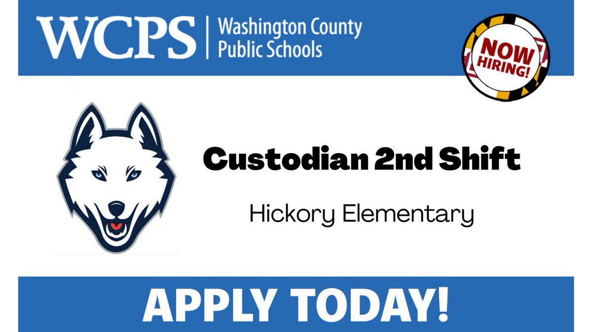 Hickory Elementary School is accepting applications for Custodian 2nd Shift. Apply today at wcpshr.com

WCPS is offering 2% additional compensation to new, eligible employees in addition to base salaries for the 2022-2023 school year.