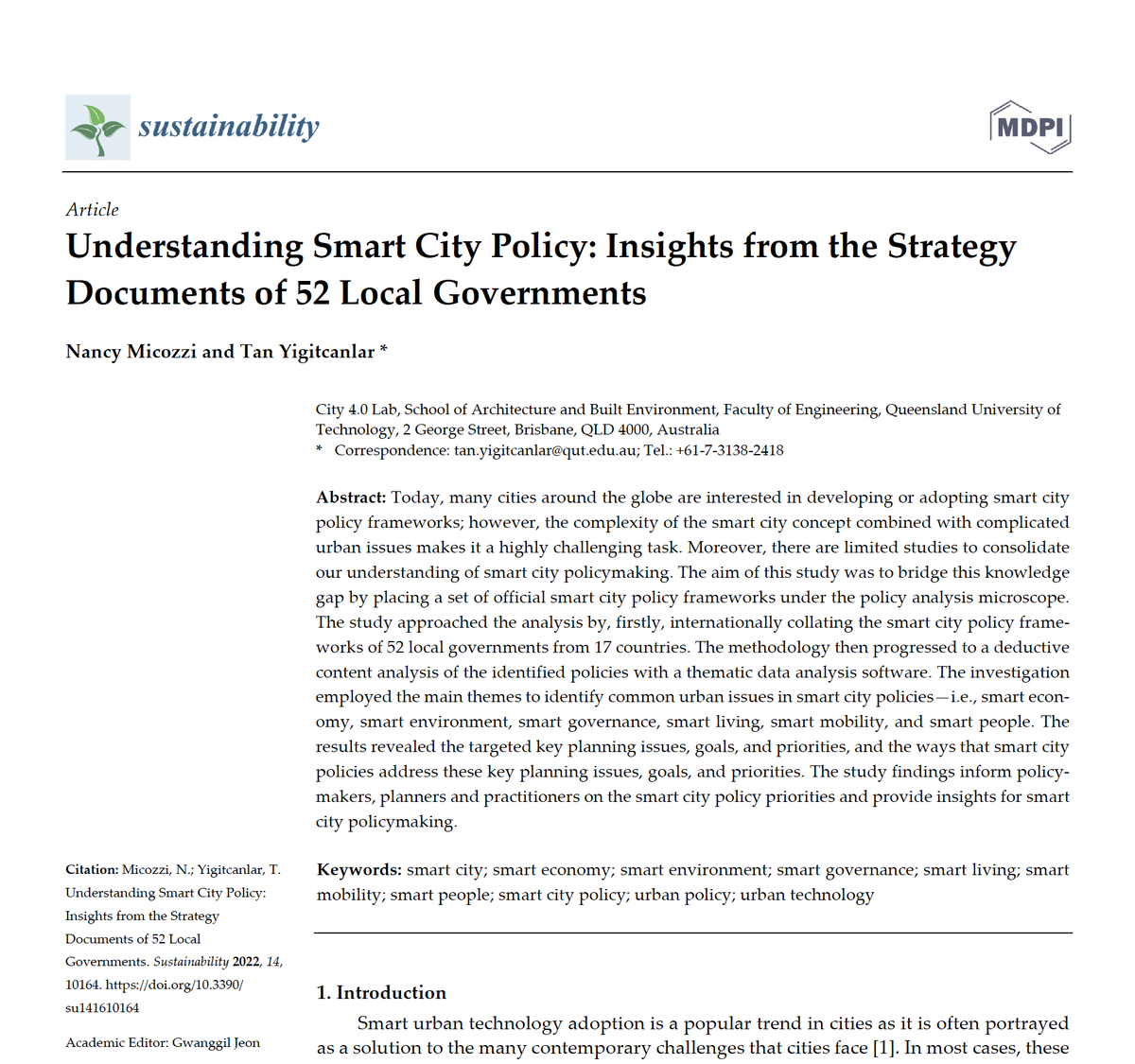 yigitcanlar's tweet photo. Our (w/ Nancy Micozzi) study published @Sus_MDPI consolidate the understanding on #SmartCity #Policy with insights from the #StrategyDocuments of 52 #LocalGovernments.

Download a free copy of the open access article at:
https://t.co/elpO0ZCj4l

@QUT
@City40Lab
@UrbanStudiesLa1 https://t.co/hxYdIciyTV