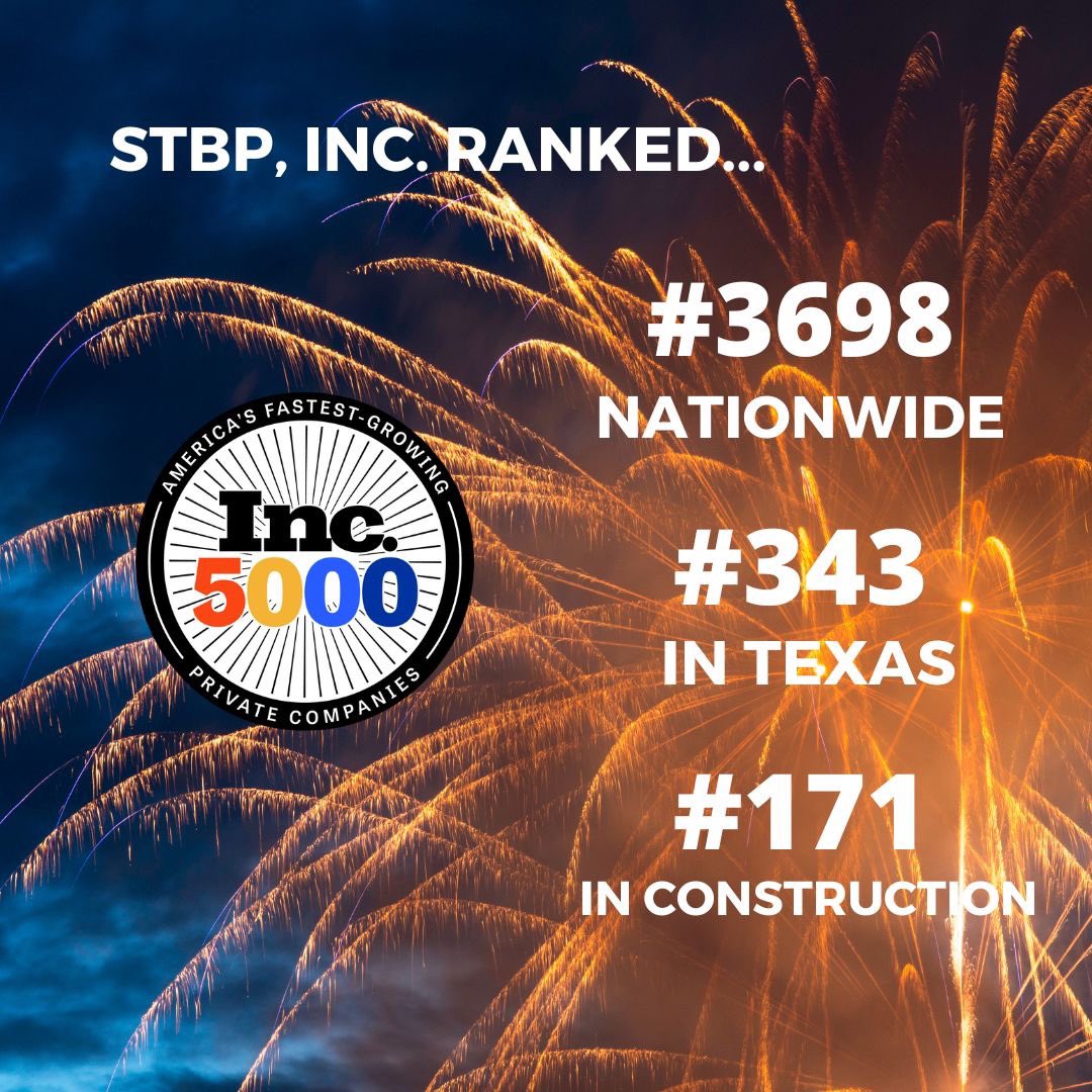 STBPInc's tweet photo. It's an honor to be recognized in the most prestigious annual ranking from @inc5000 of the fastest-growing private companies in the US. 
#Inc5000 #fastestgrowingcompany #privatecompany #construction #texas #success #business #growth #team #thankyou https://t.co/RX2JWIyx8O
