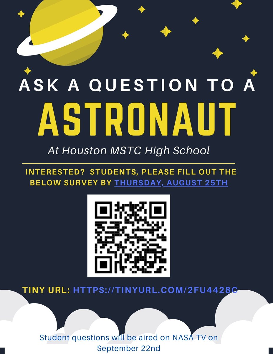SHMSTC's tweet photo. We're having a NASA Day Sept 22nd. Students will be able to record a question to ask Astronaut Lt. Col. Robert Hines about space, life aboard the International Space Station &amp; work goals. Use this form to submit your question https://t.co/NozOSwlTCv https://t.co/yYBmNc7tNj