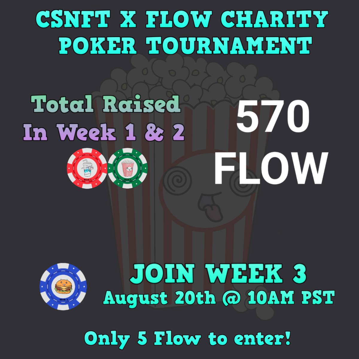 csnft_xyz's tweet photo. 🍿WOAH🍿

After 2 weeks of poker, participating @flow_blockchain projects have raised 570 $FLOW for @acfusa!!! (Over $1,500 USD)

With one week left, we want to push to reach 1,000 $FLOW

Register for our final day in the discord link provided below ⬇️ and win amazing prizes ♥️ https://t.co/GSrwTtnavb
