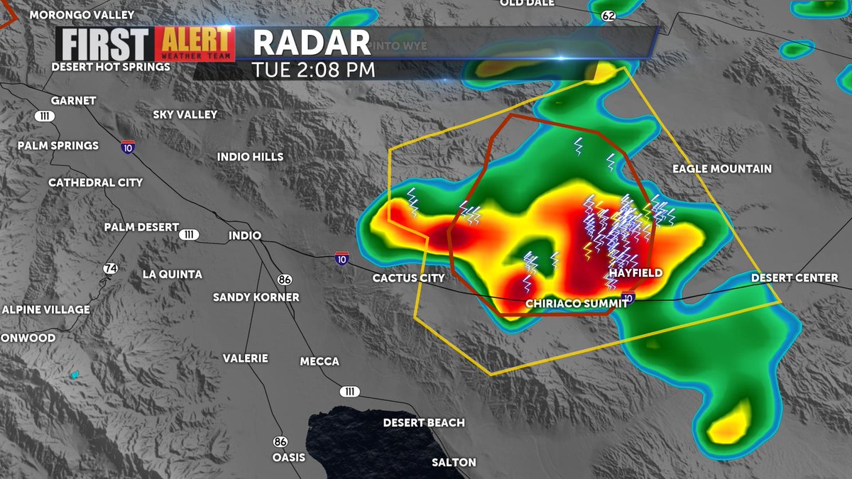 SEVERE THUNDERSTORM &amp; FLASH FLOOD WARNING between Cactus City and Desert Center, including I-10.

Gusts up to 60 MPH and penny size hail are associated with this storm moving northwest at 5 MPH. #CAwx
