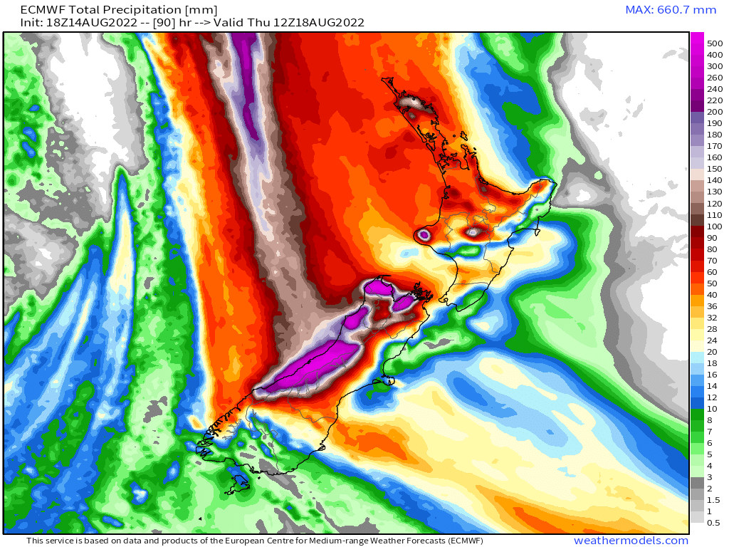 VortixWx's tweet photo. An extreme rainfall event is expected for parts of #NewZealand, rainfall is expected to range from 300-600mm (12-24in). An atmospheric river is expected to blast the region bringing strong winds w/ it too. A Red Warning has been issued for parts of #SouthIsland. #NZStorm #flood https://t.co/gw5eVoVVVV