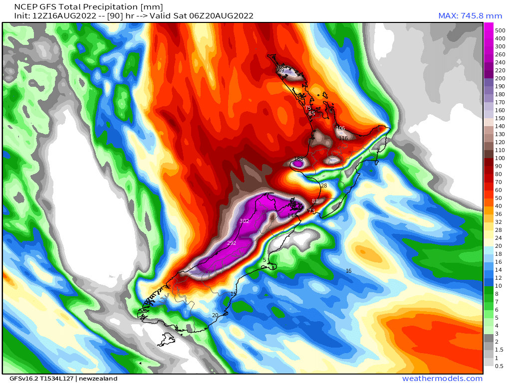 VortixWx's tweet photo. An extreme rainfall event is expected for parts of #NewZealand, rainfall is expected to range from 300-600mm (12-24in). An atmospheric river is expected to blast the region bringing strong winds w/ it too. A Red Warning has been issued for parts of #SouthIsland. #NZStorm #flood https://t.co/gw5eVoVVVV