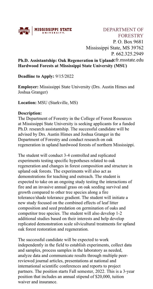 silviculture's tweet photo. Looking for a PhD student to join Dr. Himes in the Spring of 2023 and study Silviculture and ecology of oaks in upland hardwood forests. https://t.co/UQaF6P3FKy