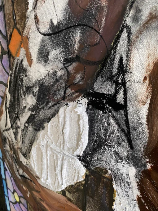 Close ups and details. It's a lot thicker in  acrylic, oil, ink, charcoal, sand, water from Oceans, Lakes, And Rivers with connections to Black or personal history mixed into the paints/ink. 