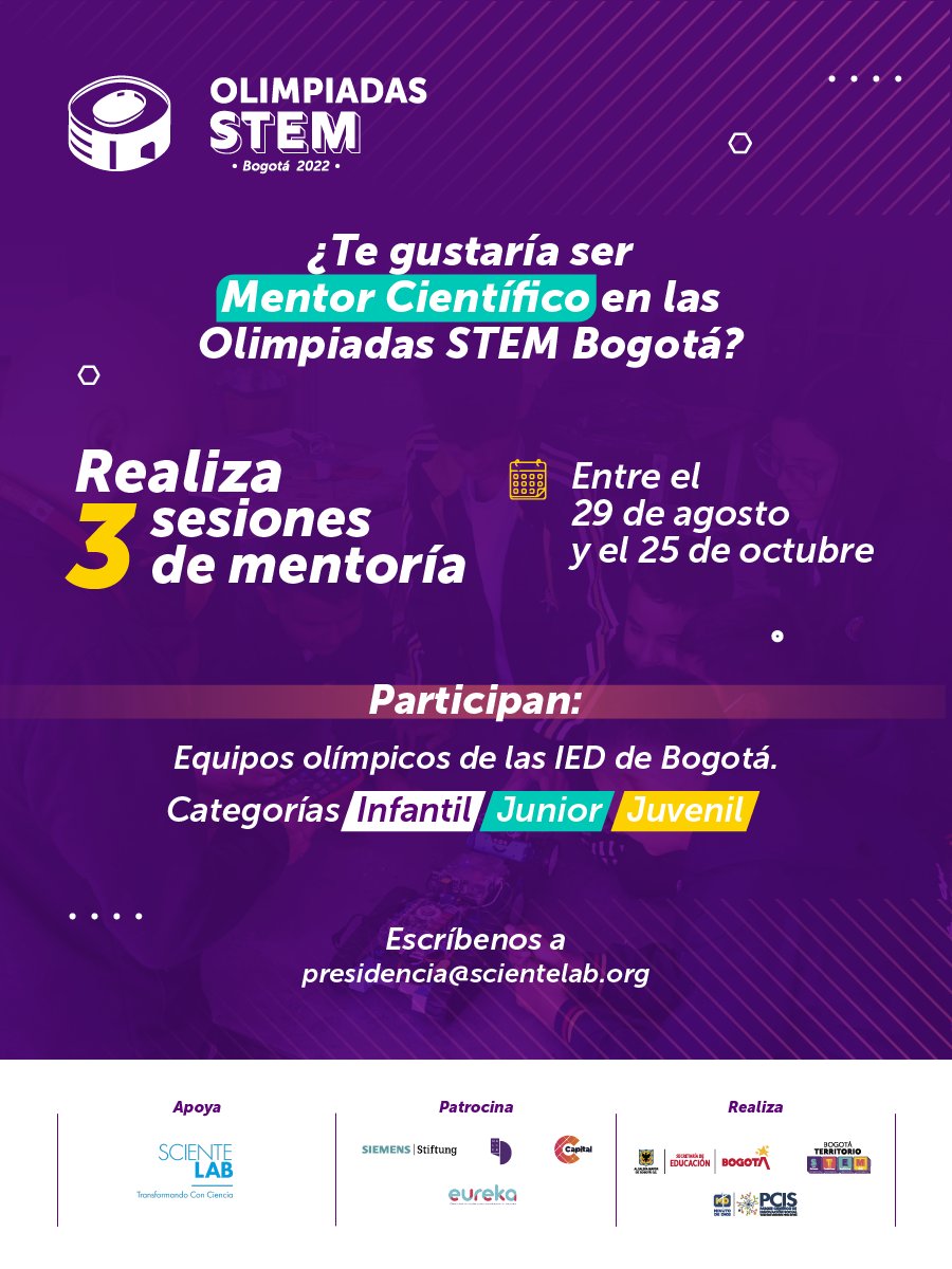 Muchos de los científicos de #EnCienciaAgo nos han preguntado cómo pueden aportar en nuestra misión ✨. Y les traemos una buena noticia: ¡Estamos buscando mentores para los equipos finalistas de las Olimpiadas STEM de Bogotá! 🧵
<a href="/CdeC_Col/">Clubes de Ciencia Colombia</a> <a href="/Educacionbogota/">Secretaría de Educación de Bogotá</a> @Instituto_Unno