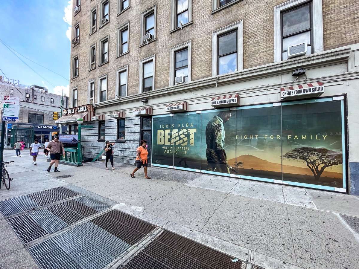 pearlmedia's tweet photo. Idris Elba shows us what happens when you get on a Lion’s bad side in Beast as he decorates the sides of our concrete jungle in Harlem. Coming out this Friday!
@idriselba @willpackerproductions @universalpictures #beastmovie #storefront #harlem #nyc #staticooh #OOH #oohmedia https://t.co/AQZpbE6wPP
