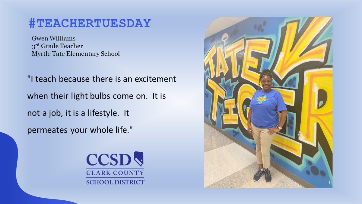 ClarkCountySch's tweet photo. CCSD #TeacherTuesday: Featuring Ms. Gwen Williams, a 3rd Grade Teacher at Tate ES. 🍎✏️📗  #TateTigers https://t.co/dwFZU7Q3yd