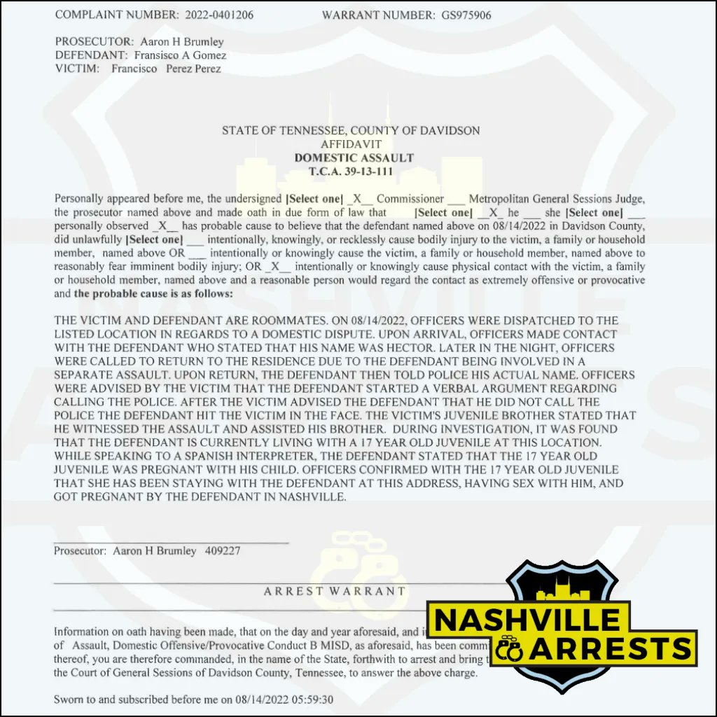 nasharrests's tweet photo. Fransisco A. Gomez was booked into the Metro Nashville Jail on August 14th, charged with statutory rape, domestic assault, and criminal impersonation. A Judicial commissioner set his bond at $6,000. #NashvilleArrests https://t.co/VxApPxAOxY