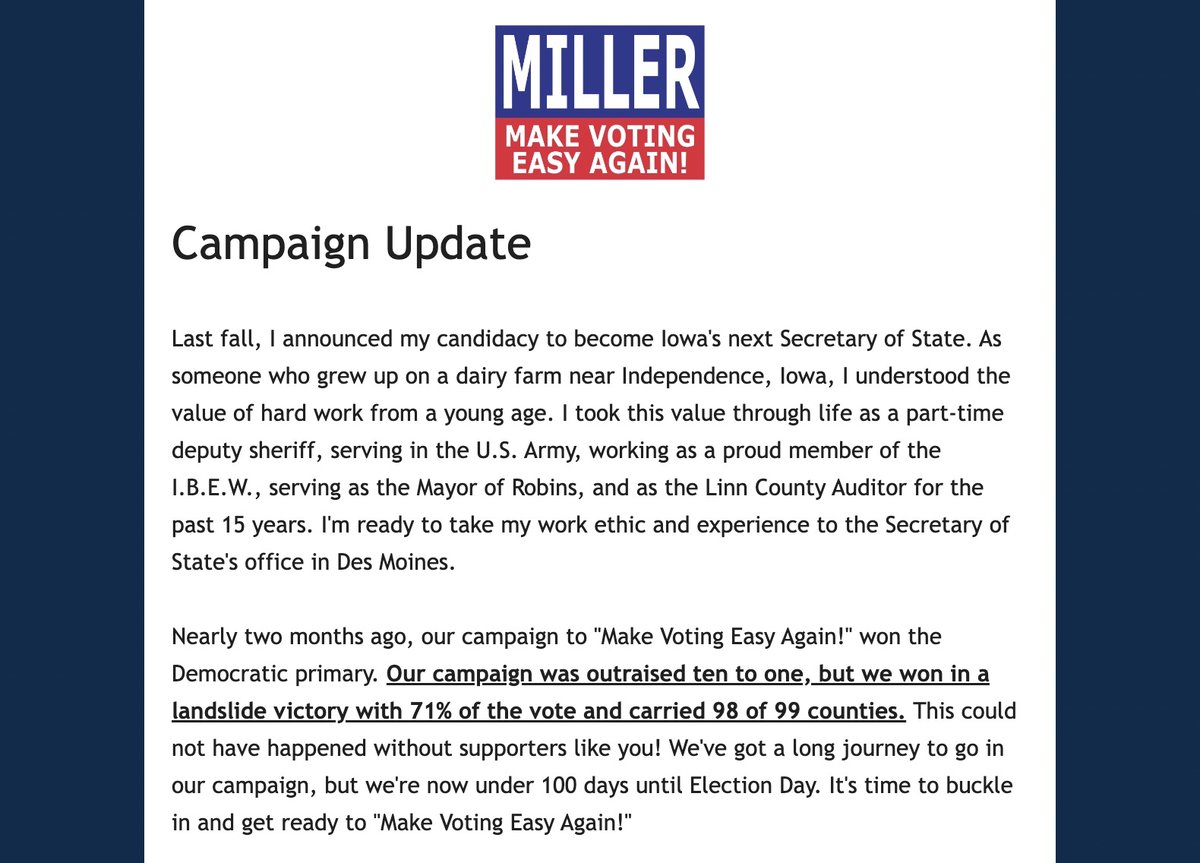 JoelMiller4IA's tweet photo. David v Goliath. My GOP opponent has loaned his campaign over $200,000. Obviously, he has the resources to buy his re-election. IF YOU BELIEVE Iowa needs to #MakeVotingEasyAgain, I urge you to support our campaign now. We're on ActBlue at https://t.co/XPKh7TH0Nl https://t.co/Xkdcs2qQUL