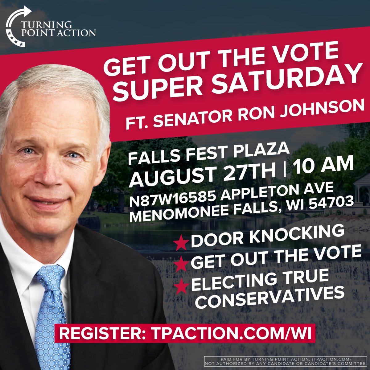 TPAction's tweet photo. WISCONSIN: Join us on Saturday, AUGUST 27th as we #GetOutTheVote for @RonJohnsonWI 🇺🇸 We are working overtime to save America and it all starts at the grassroots!
RSVP Today 👉🏼 https://t.co/IOCYxksjPk
#KnockDoors #WinElections https://t.co/FNCz1ApSCn