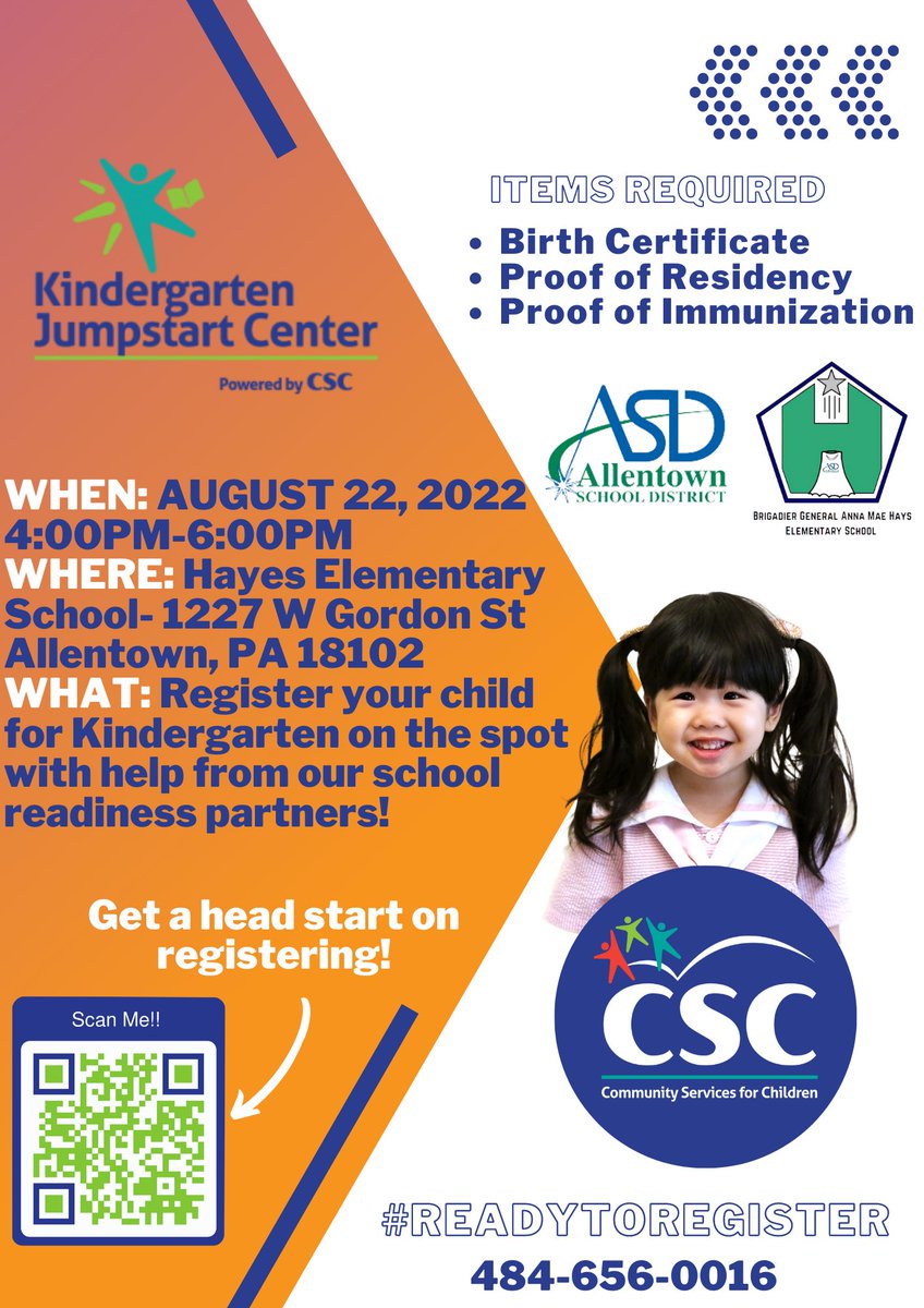 cscinc_org's tweet photo. It’s the final countdown to register your child for kindergarten in the @AllentownSD!

Stop by Brigadier General Anna Mae Hays Elementary School, August 22, 4pm-6pm! 

Address: 1227 W. Gordon Street in Allentown!

Any questions call 484-656-0016 📞
#ReadyToRegister https://t.co/KdT606f2R5
