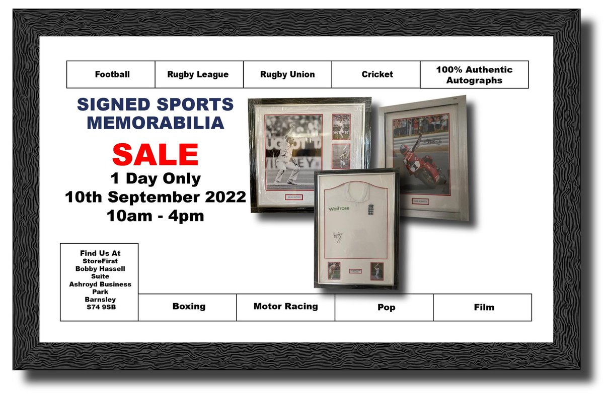 Cws_workwear's tweet photo. Sports memorabilia sales coming up on the 10th September 2022. Follow the Facebook link for all of the information. We can email you a list of the items up for sale on request.
#barnsleyisbrill  #sportsmemorabilia #rugbyunion #boxing #football #cricket #bbic #barnsleybic https://t.co/wgm9DXyQcX
