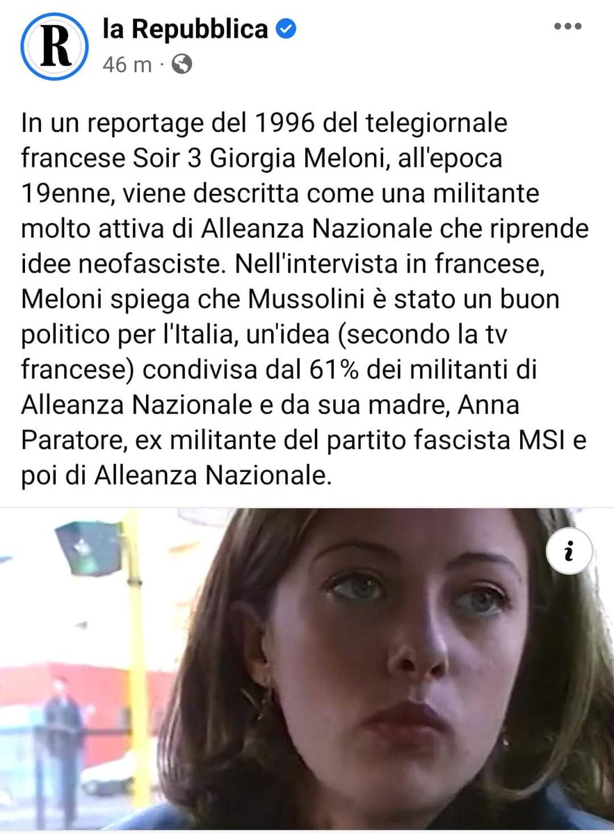 Giorgia Meloni non si tocca 🇮🇹

Al momento è l'unica che per le sue idee, la sua costanza, la sua coerenza, la sua grinta e il suo coraggio può sostenere al meglio gli italiani 🇮🇹