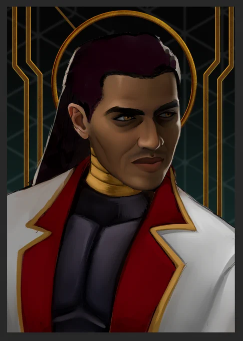 One of my fandom OCs in his 40s *chef kiss*He wears a wig and jewelry to cover some extensive augmentations he has. Right piece is a rough concept of his clothing. 