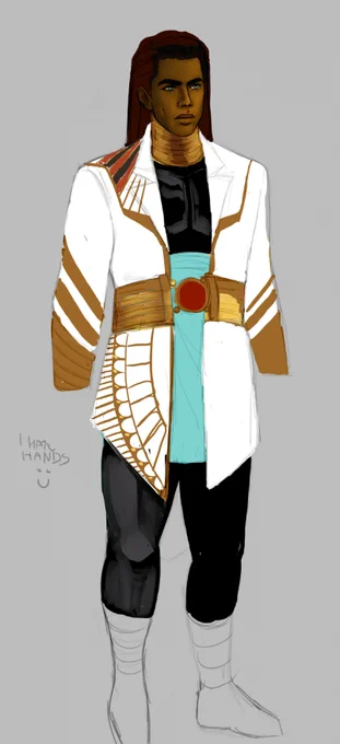 One of my fandom OCs in his 40s *chef kiss*He wears a wig and jewelry to cover some extensive augmentations he has. Right piece is a rough concept of his clothing. 