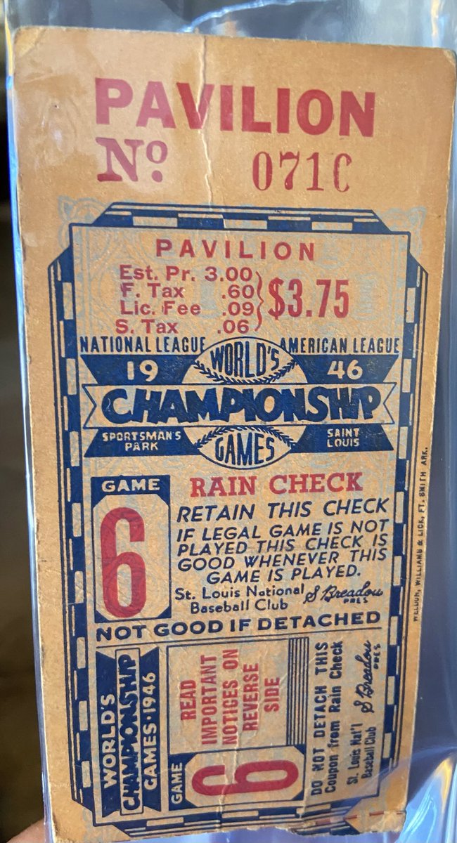 BigGfromTN's tweet photo. @BallySportsMW 1946 WS ticket stub. My great uncle attended when he returned from Europe after WWII. https://t.co/EvVfvJe6yV