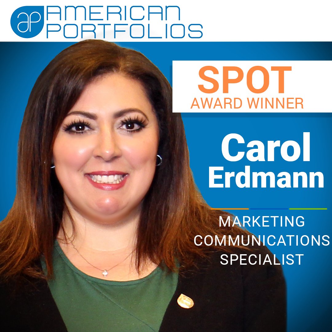 APFSFreedom's tweet photo. American Portfolios would like to congratulate Carol Erdmann on receiving a Superior Performance and Outstanding Teamwork (SPOT) Award for the second quarter of 2022. Keep up the great work! #AmericanPortfolios #EmployeeAppreciation #SPOTAward #WorkAtAP https://t.co/h1WPJtnrs8