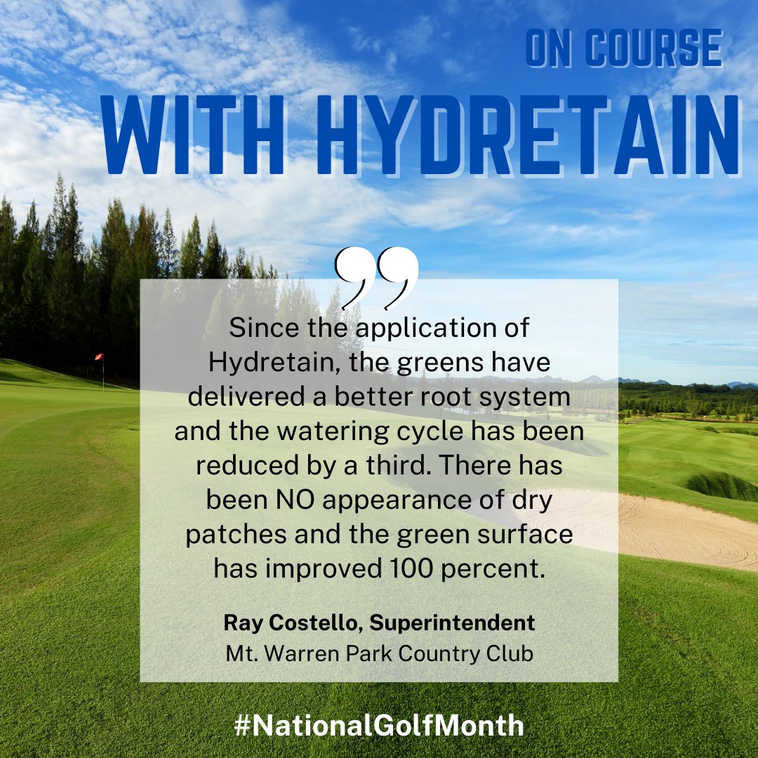Ecologel's tweet photo. Golf courses around the world use Hydretain to reduce watering, eliminate dry spots, and improve the overall quality of their turf. 

 #testimonialtuesday
#theperfectsurface
#nationalgolfmonth https://t.co/ZgQa1R3fsb