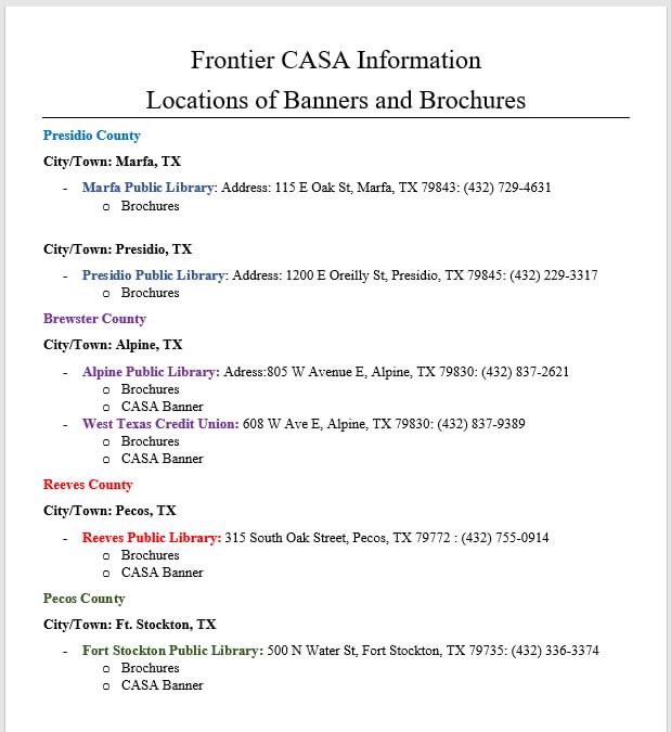 frontierCASA's tweet photo. Where can you find information about Frontier CASA?
- Marfa Public Library - Marfa, TX
- Presidio Public Library - Presidio, TX
- Alpine Public Library - Alpine, TX
- West Texas Credit Union - Alpine, TX
- Reeves Public Library- Pecos, TX
- Ft. Stockton Public Library https://t.co/zGu8I0mlZ3