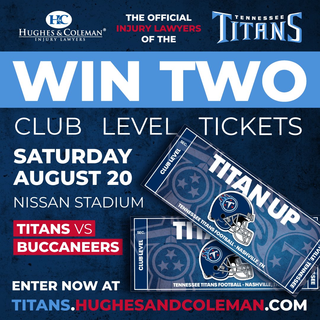 HughesColeman's tweet photo. Our very first giveaway is live! Enter for a chance to win two club level tickets to the @Titans vs @Buccaneers game this Saturday at Nissan Stadium. Winners will be selected this Thursday, August 18. Don't miss a miracle - enter to win today! https://t.co/GvmNmCJEU8 https://t.co/go0ATDTgxR