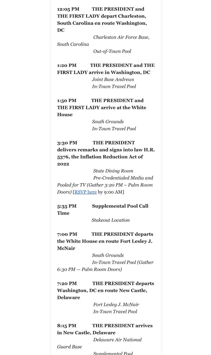 Tuesday POTUS schedule. Biden leaves his vacation on Kiawah Island to fly to DC to sign a bill (doubling the size of the IRS) then heads off to Delaware on week 2 of his vacation