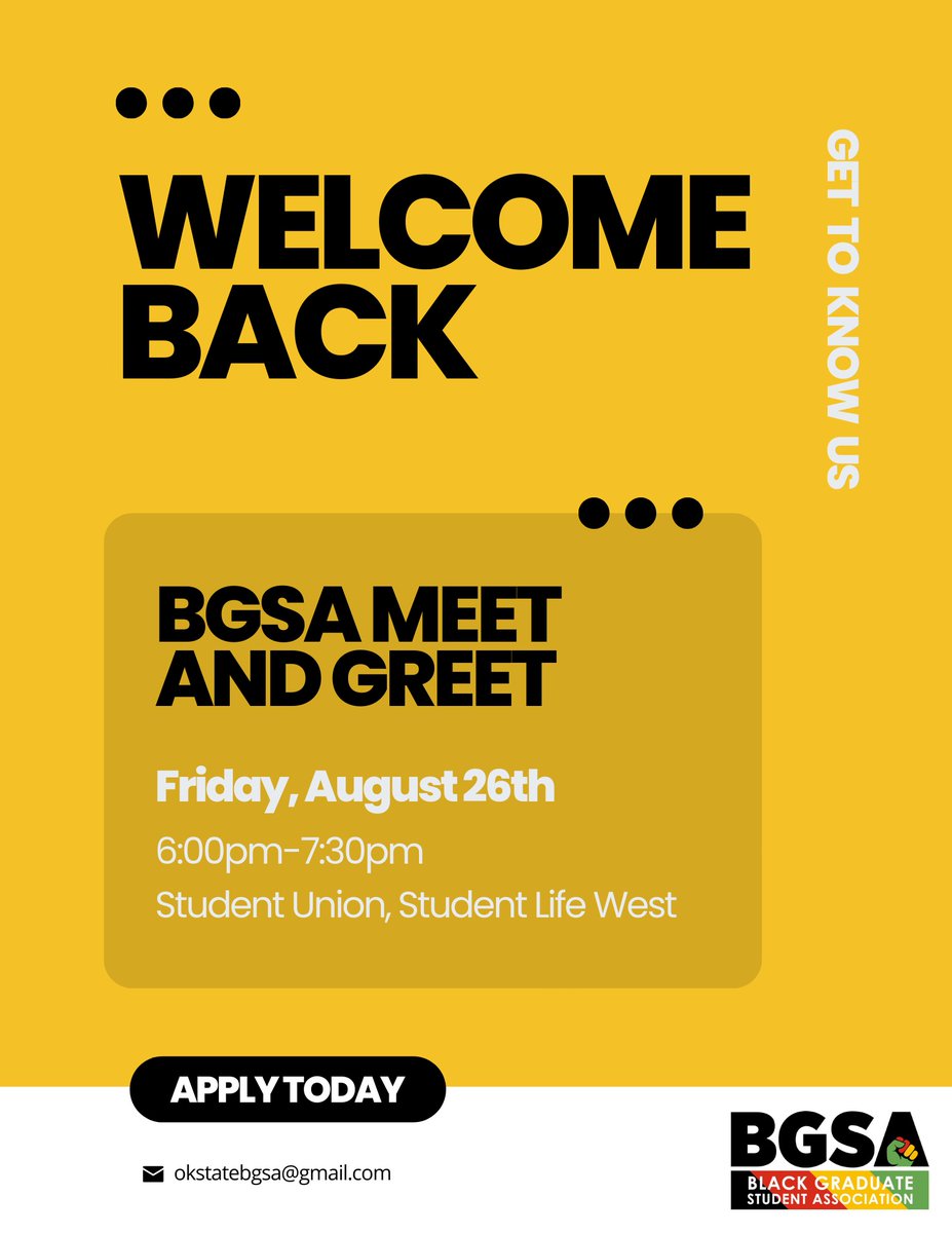 The BGSA will be hosting a Meet &amp; Greet on Friday, August 26th from 6:00PM-7:30PM in the Student Union! 

DM <a href="/OkstateBGSA/">Okstate BGSA</a> if you have any questions! We hope to see you there! ✊🏽