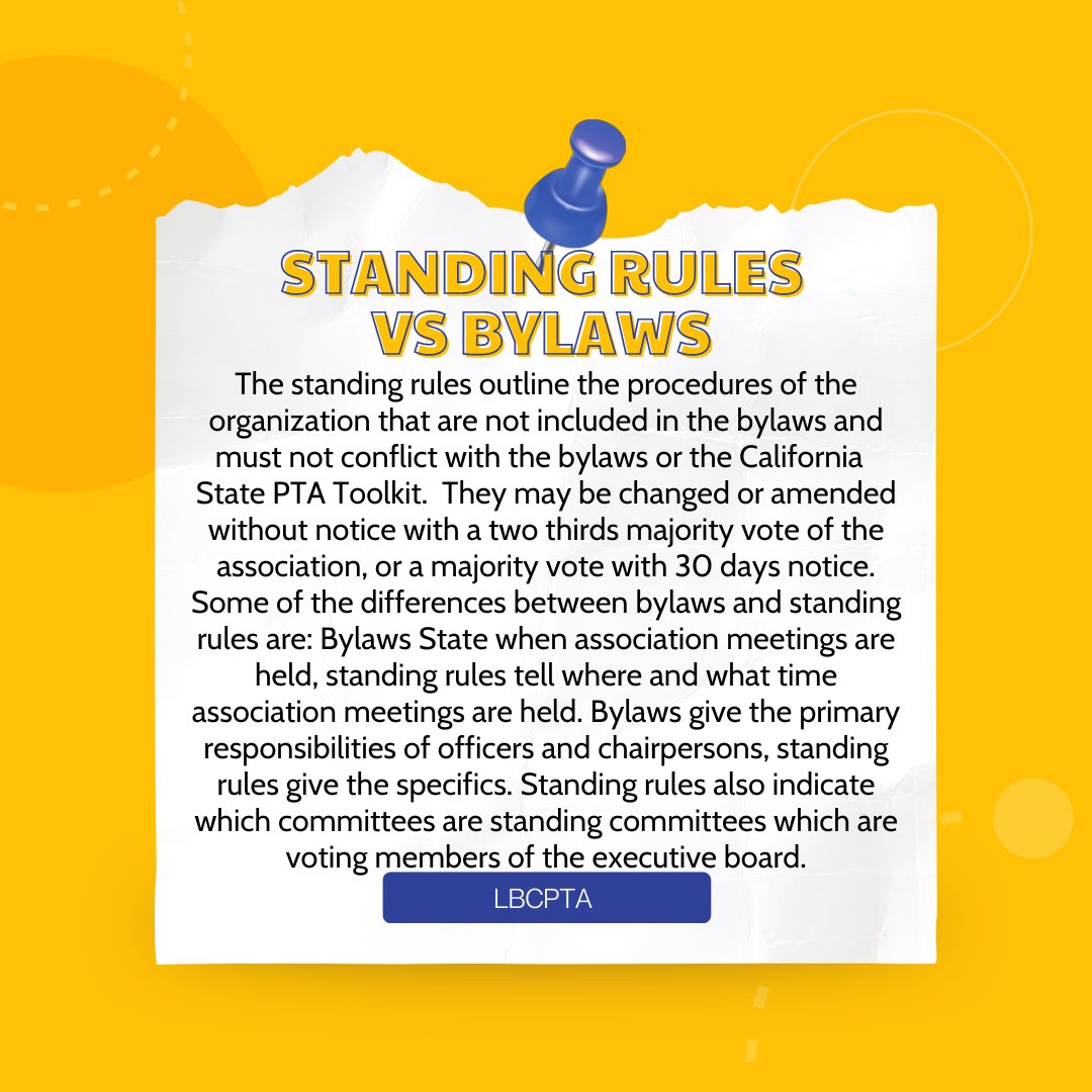 LBC_PTA's tweet photo. Today's tiny training is about the difference between standing rules and bylaws. #TinyTrainings @33rdPTA @CaliforniaPTA https://t.co/xwr9G6CUAr