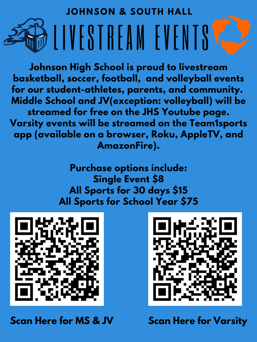 Don't miss out! Livestream the home sporting events from JHS: Volleyball, Football, Basketball, and Soccer!  <a href="/SouthHallMiddle/">South Hall Middle School</a> <a href="/athletics_hcsd/">Hall County Athletics</a>
