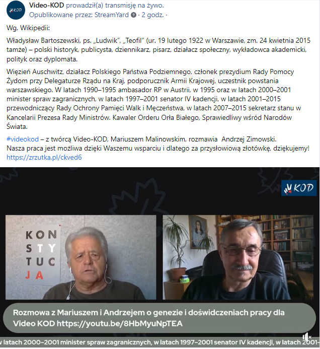 Bartoszewski_EU's tweet photo. Pamięci prof. Władysława #Bartoszewski.ego...
Z prezesem Stowarzyszenia #SkwerWładysławaBartoszewskiego, twórcą
@KOD_VIDEO Mariuszem Malinowskim @MMalinowski52 rozmawia Andrzej #Zimowski
#VideoKOD
Oglądajcie
⬇️
https://t.co/bCIYVX4n4e https://t.co/vx0IimPJNr