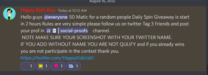 Clash_shop02's tweet photo. Hello 👋 50 #MATIC daily spin #Giveaway
is start in 2 hours
Follow 
@HappyKidclub1

Tag 3 peoples 
Retweet 
Like 
Join discord https://t.co/Sg9NfjjMK4
 #Giveaways #NFTGiveaway #NFTs #NFTCommunity #NFTCommunity #GiveawayNFT #ContestAlert #SPiN #Giveaway #Giveaways #maticusdt https://t.co/2gS8DfP37P