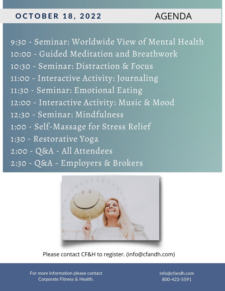 Please join us on October 18th, as we celebrate mental wellbeing with a full day of educational seminars and interactive activities that allow us time to stop and care for our mental health! We hope you can make it! If you have any questions, you can email us at info@cfandh.com.