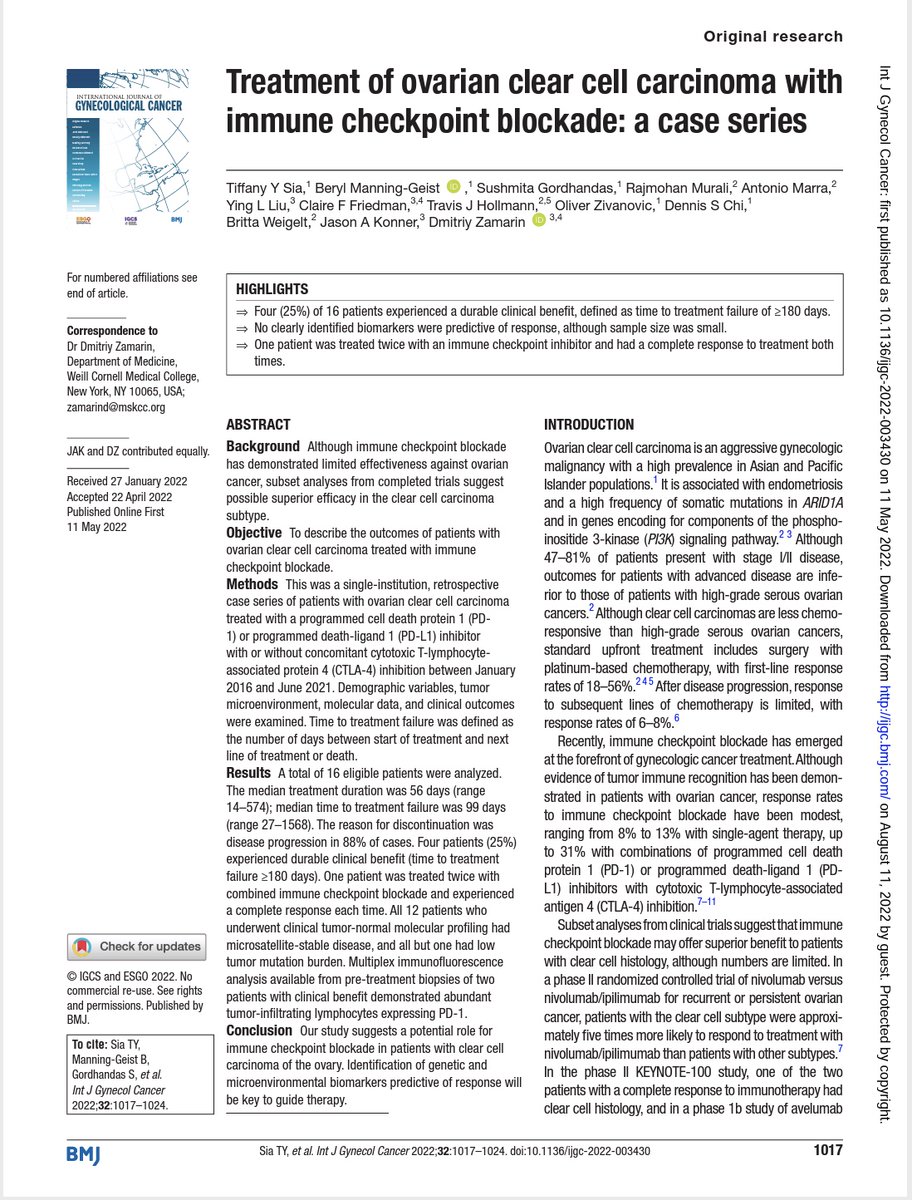 IJGConline's tweet photo. "Treatment of ovarian clear cell carcinoma with immune checkpoint blockade: a case series"
🔗 https://t.co/kkAQ4tGr7N
#OvarianCancer #GynOnc #GynCancer #RareCancer
@TeamOvary_MSK @DmitriyZamarin @Doctor_Beryl @zivanovicmd @dchimd @pedroramirezMD @_rarecancer @agz_eriksson @HsuMd https://t.co/KuPwjtCwzj