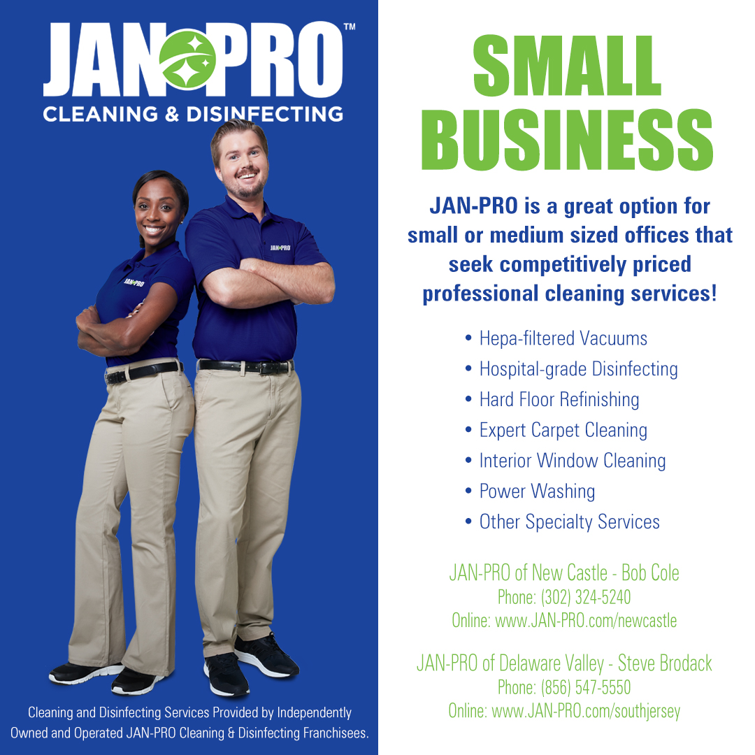 JanProDelaware's tweet photo. Small Business: Trust the Pros - the JAN-PROs when it comes to your cleaning and disinfecting needs! Call Steve Brodack at JAN-PRO of Delaware Valley - (856) 547-5550.
#smallbusiness #mediumbusinesses #SMB #commercialcleaning #peaceofmind #disinfectant #disinfection #janpro https://t.co/emg6oMTJIg