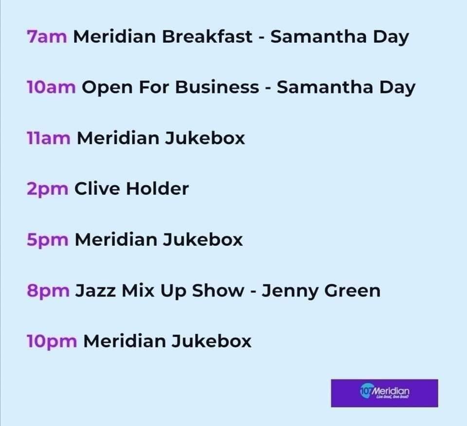 MeridianFM's tweet photo. 🎷 Plenty for you to enjoy on your local community radio station this Wednesday. We kick off with a double dose of Samantha Day who hands off the baton to Clive Holder before an evening of jazz, mixed in with a helping or two of the Meridian Jukebox!
#107MFM #MakeItMeridian💜 https://t.co/QNJZpZOSxL