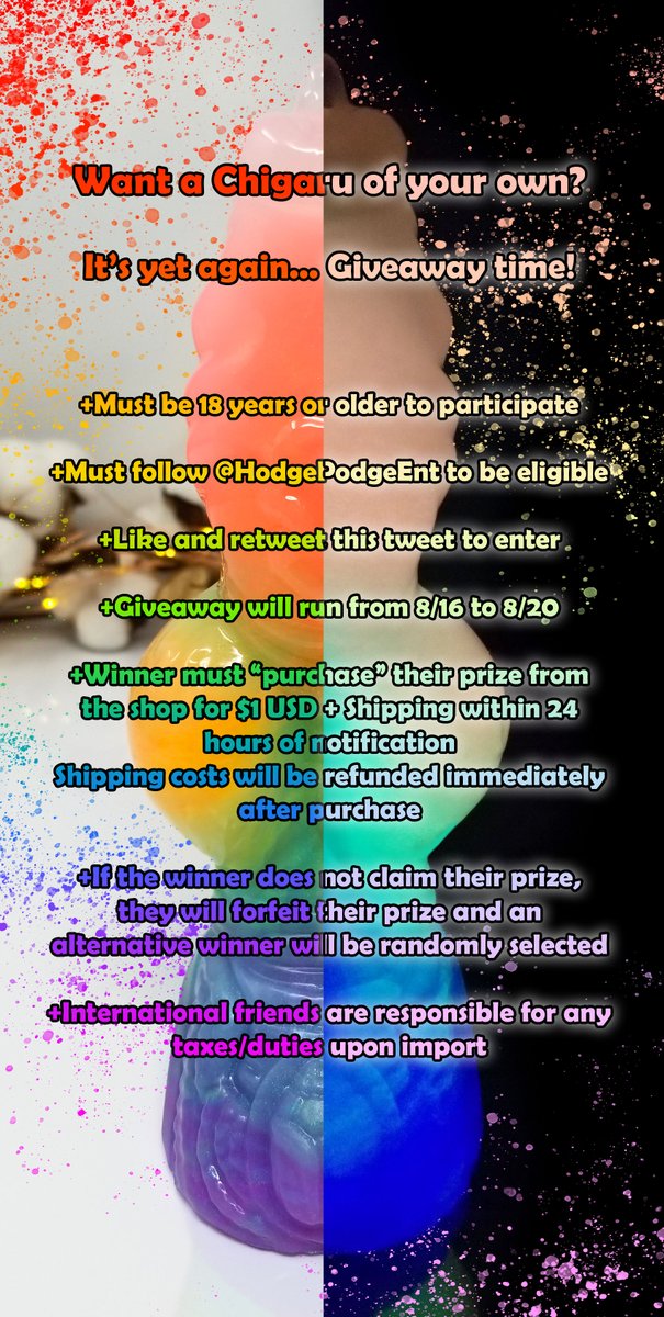 HodgePodgeEnt's tweet photo. ❤️🧡💛It's that time again!💚💙💜

Follow, like, and retweet for a chance to take home this gorgeous medium/medium Chigaru in a stunning GITD rainbow coloration (obviously chock full of sparkles to boot)!

Make sure to read the rules in the image below, and happy hunting! ☺️ https://t.co/DBmj54yveb