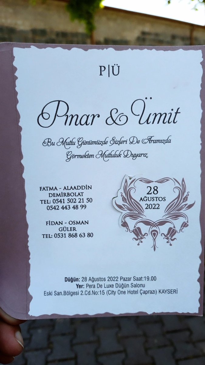 Kıymetli dostlar <a href="/Pnar74369469/">Pınar Demirbolat🌟</a> ile 28 Ağustos Pazar günü Kayseri Pera Deluxe Düğün Salonunda düğünümüz vardır. Sevdiklerimizi aramızda görmekten mutluluk duyarız. Çıkın çıkın gelin ☺️