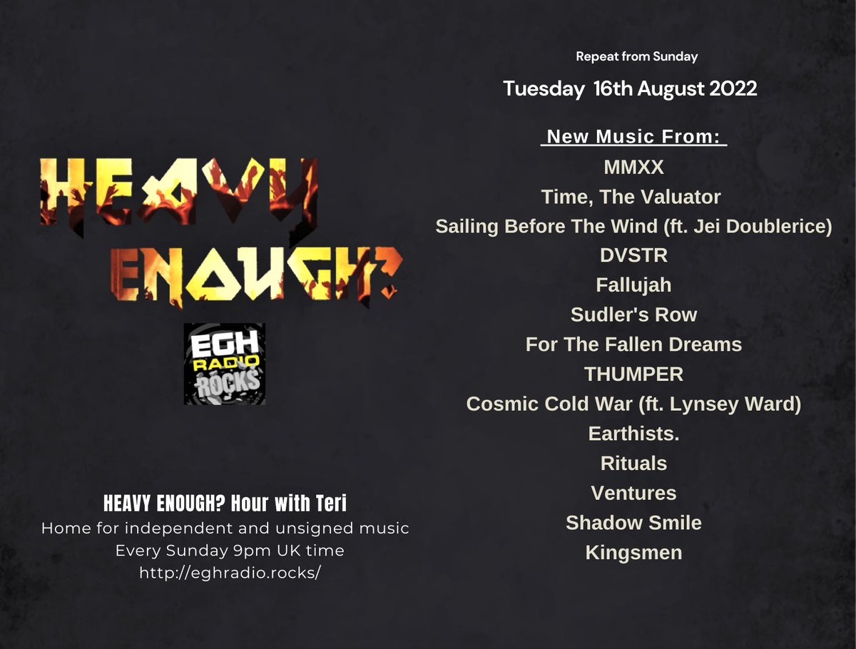 MusicMattersTee's tweet photo. Today 9pm UK time #TuneIn @EGHRocks

#HeavyEnough hour will play the great new music from-
#MMXX @timethevaluator @SBTW_official #DVSTR @Fallujahbayarea @sudler_s @FTFDband +more
#ListenHere repeat
⇒https://t.co/aQGYmXtSH9

More Info: https://t.co/ivr7EnJbZH
#NewMusicAlert https://t.co/CwP1Wgh5la
