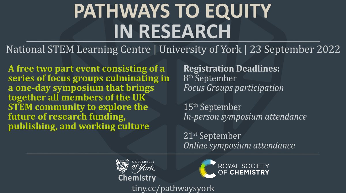 ChemistryatYork's tweet photo. Join us for a free symposium exploring solutions to inequities in research on 23 September! 
The event is organized by @ChemistryatYork and co-sponsored by the Royal Society of Chemistry (@RoyalSocChem). 
Find out more:  https://t.co/tfccP4OIPc https://t.co/VNXaonTqMq