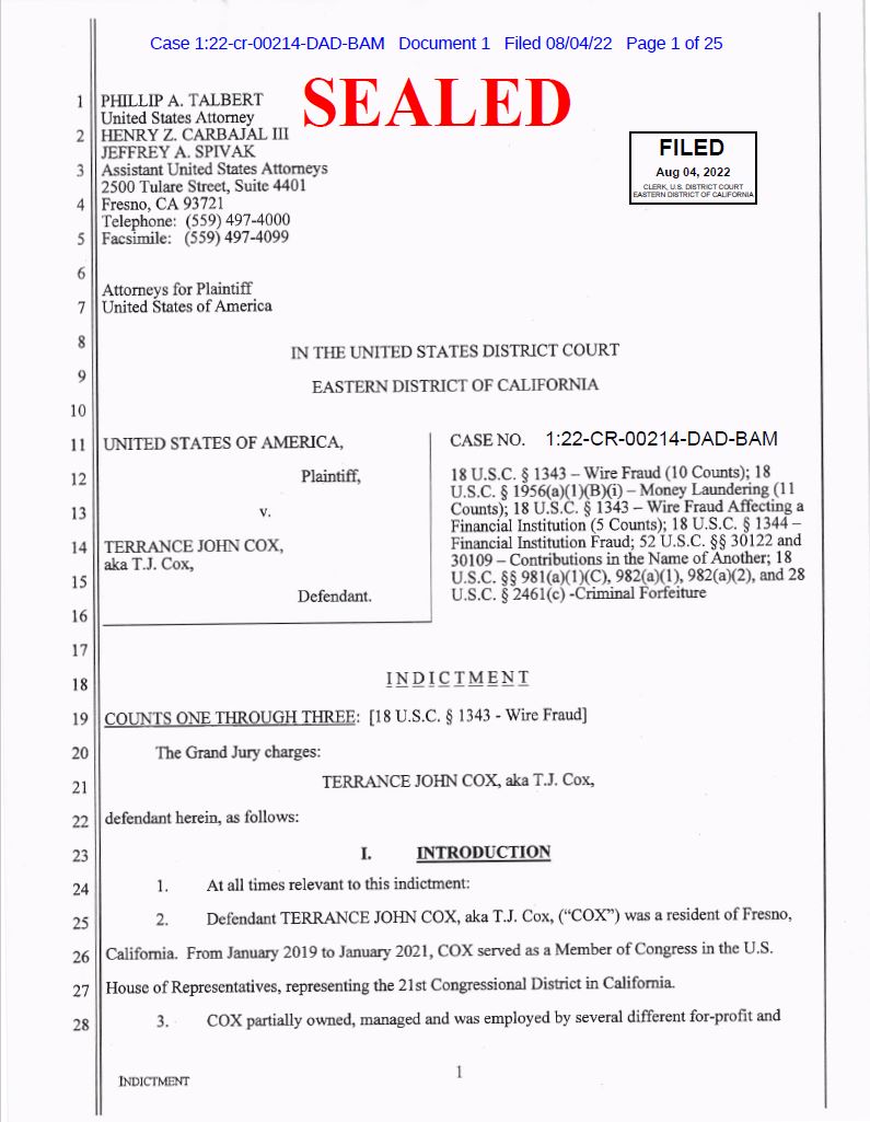 FIRST ON @ABC30: Former Valley Congressman T.J. Cox (@TJCoxCongress) charged in 28-count indictment. Wire fraud, money laundering, mortgage fraud, campaign law violations, Granite Park. It's all in there. I'll have details at 11 a.m.