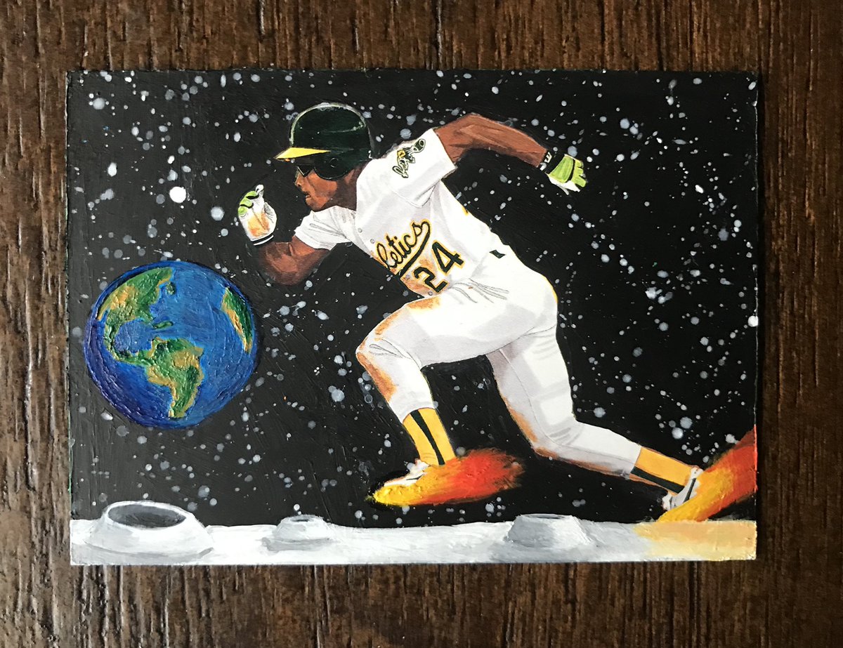 JCPCards's tweet photo. Since we are all fired about Rickey, here is the front of a Rickey I did earlier in the year.

Rickey Henderson
“Space Runner”
JCP 1/1
(The back in the comment)
#JCPCards #MLB #Oakland #Athletics #Baseball #LFG https://t.co/vbEXO1ISTX