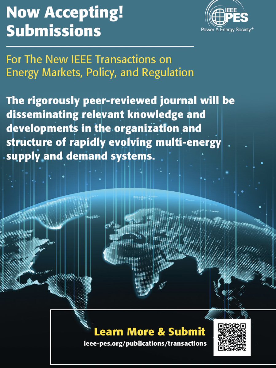 yury_dvorkin's tweet photo. Excited to share this great news -- the brand-new  IEEE Transactions on Energy Markets, Policy and Regulation is open for submissions. Submit your best papers  on energy issues from the economics, engineering, and regulatory perspectives!  #energytwitter  #energy #engineering https://t.co/kijSpsCXCo