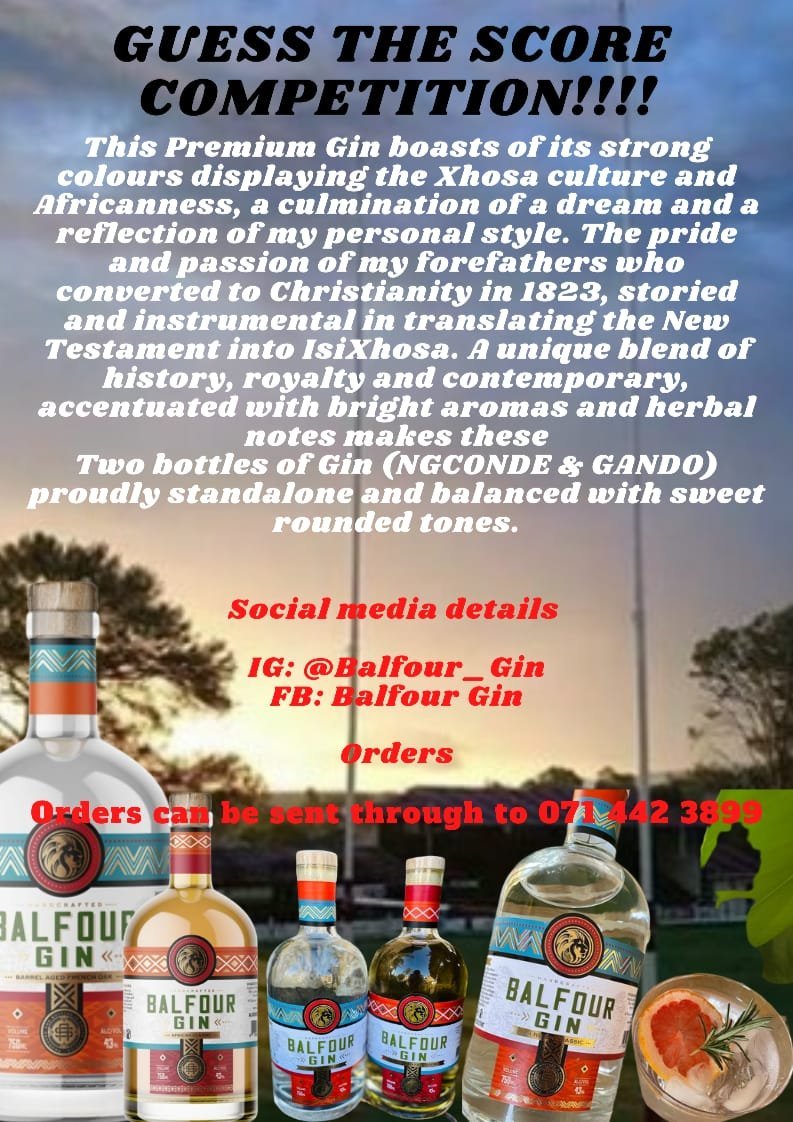 Thanks to old boy @sinovuyoBalfour for organising a really great prize for Saturday's Guess The Score... Balfour Gin is his cousins gin brand and is Eastern Cape inspired!! Check them out on IG! @Balfour_Gin @86public