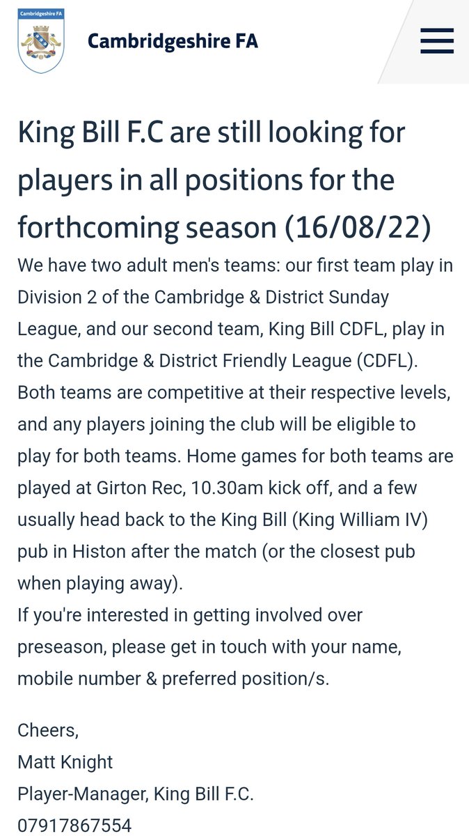 King Bill F.C. Firsts 👑 (@kingbillfc) on Twitter photo There's still a few weeks before the Cambride & District Sunday League season kicks off, so if you're looking to join a new team, please get in touch! Thanks
<a href="/chrisabbott33/">Chris Abbott</a> <a href="/KingBillCDFL/">King Bill CDFL 👑</a> <a href="/squeezefootball/">Squeeze</a> <a href="/CambsFA/">Cambridgeshire FA</a> There's still a few weeks before the Cambride & District Sunday League season kicks off, so if you're looking to join a new team, please get in touch! Thanks
<a href="/chrisabbott33/">Chris Abbott</a> <a href="/KingBillCDFL/">King Bill CDFL 👑</a> <a href="/squeezefootball/">Squeeze</a> <a href="/CambsFA/">Cambridgeshire FA</a>